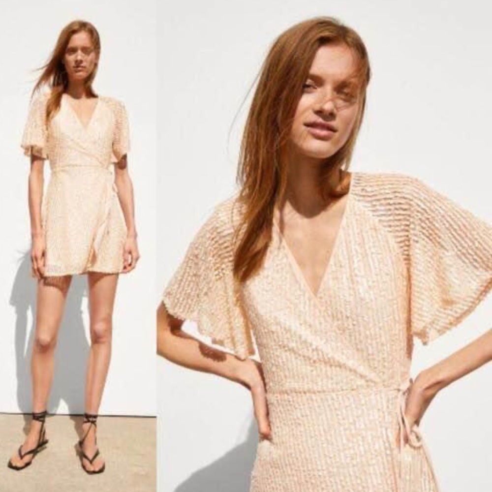 SOLD❣️Zara Blush Sequin Wrap Mini Dress